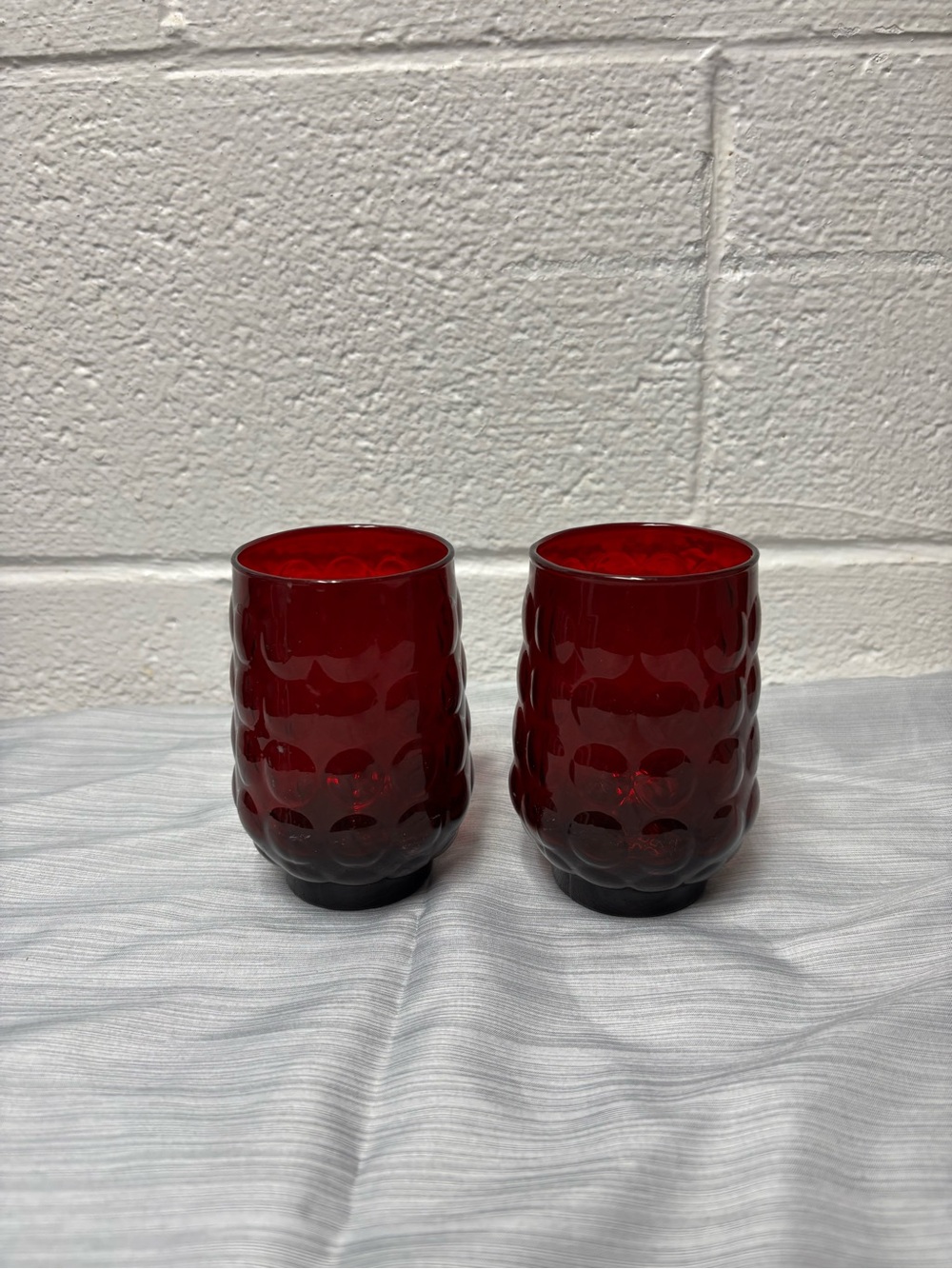 Vintage Ruby Red Bubble Glass Tumblers Set of 2 Mid Century Retro Drinkware